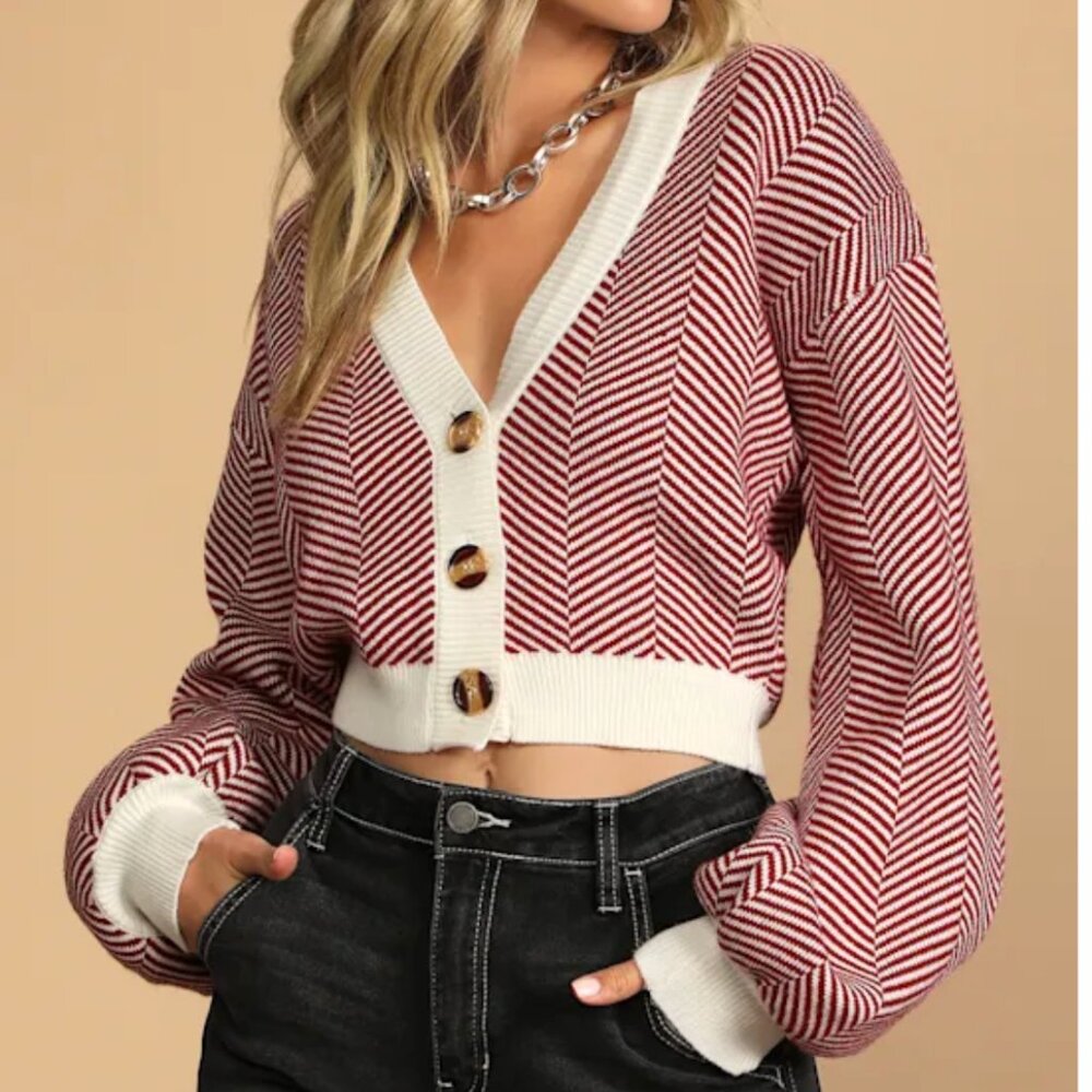 Lulus Here Comes A Holiday Red And White Striped Button-up Cardigan - Size XS